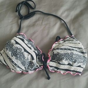 Black & White Bikini Top with Pink Trim - Medium
