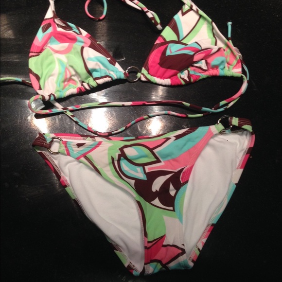 White, green, coral, brown and silver bikini.