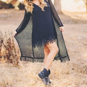 (SOLD) Black Crochet Sweater w/ Fringe Trim
