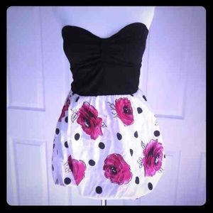 Rue 21 Strapless Black White Pink Rose Dress
