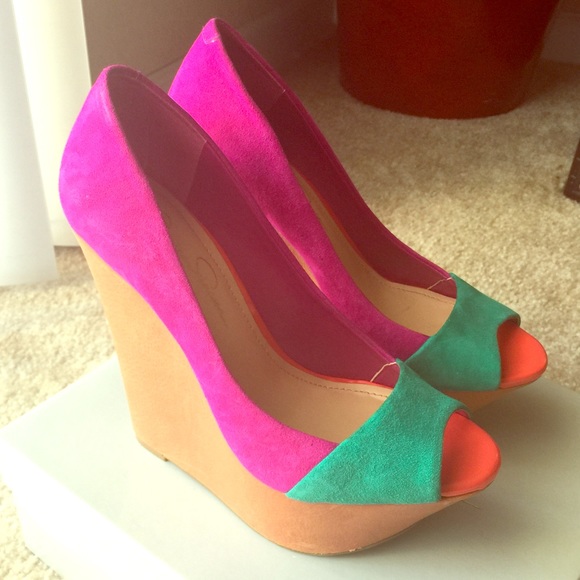Tri color peep toe wedges