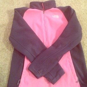 Grey and pink north face fleece jacket