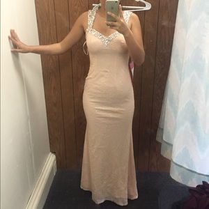 Long fitted blush colored prom dress
