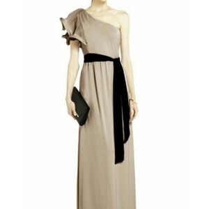 NWT BCBG Tan Ruffle Asymmetrical gown prom dress 0