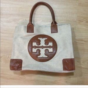 LOWERED Tory Burch Metallic Canvas & Leather Tote