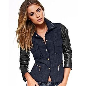 Dollhouse navy tweed jacket faux leather sleeves