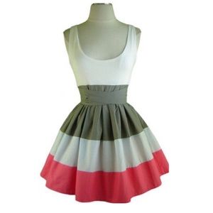 Salmon, white, & grey color block skirt sun dress