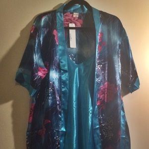 Satiny Teal Nightgown and Robe with Pink Blossoms