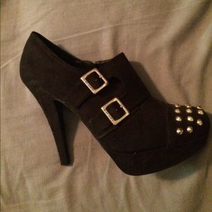 Black suede studded booties with gold studs