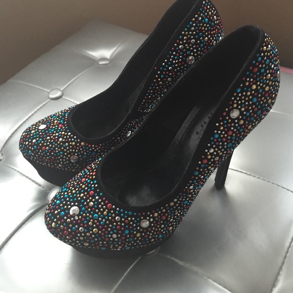 NWT Multicolored jeweled black heels - Picture 5 of 5