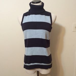 Blue striped sleeveless turtle neck