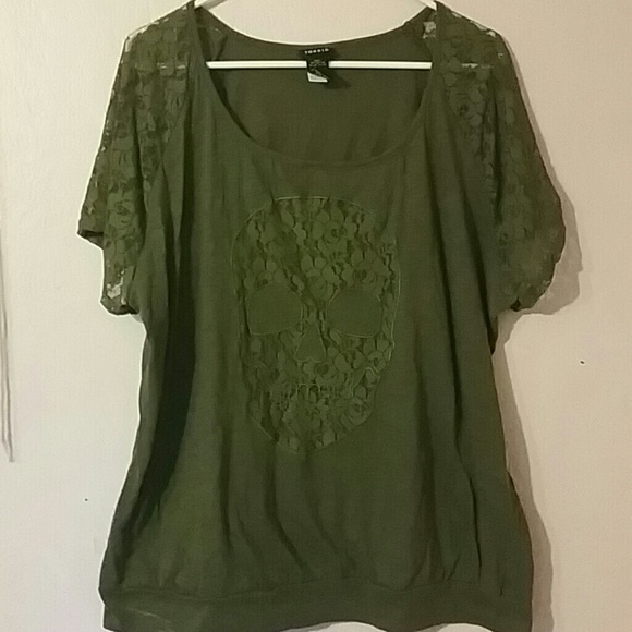 TORRID-Army green skull lace top