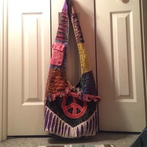 Hippie peace sign quilted cotton bag