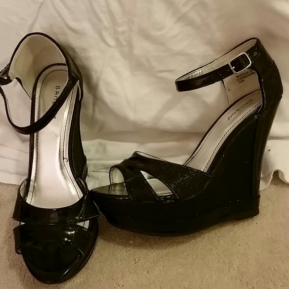 Bamboo platform wedges heels black patent sandals