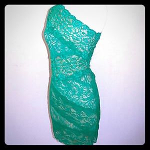Bebe one shoulder green lace dress