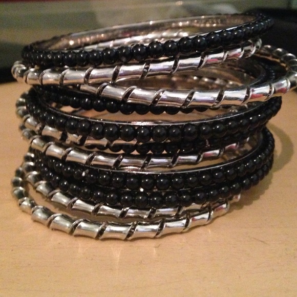 Silver Color Bangles and Black Beaded Bangles