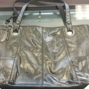 X-Large Fossil Tote Bag Silver Tone Leather
