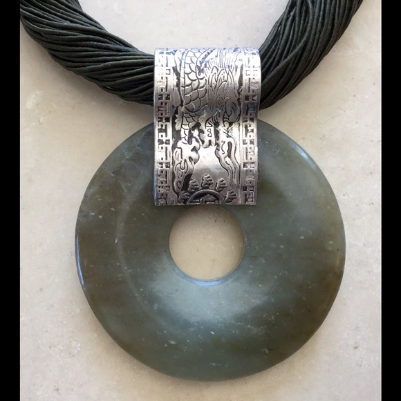 Jade and Sterling Silver Corded Necklace - Picture 2 of 3