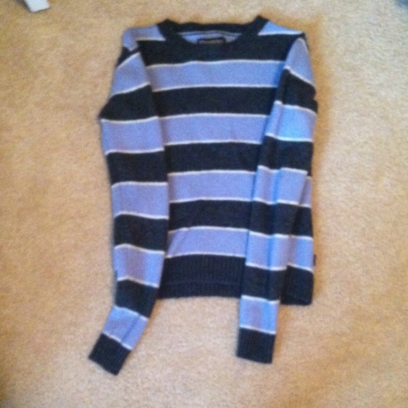 Blue and black and white striped wool sweater