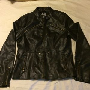 Dark brown leather motorcycle jacket