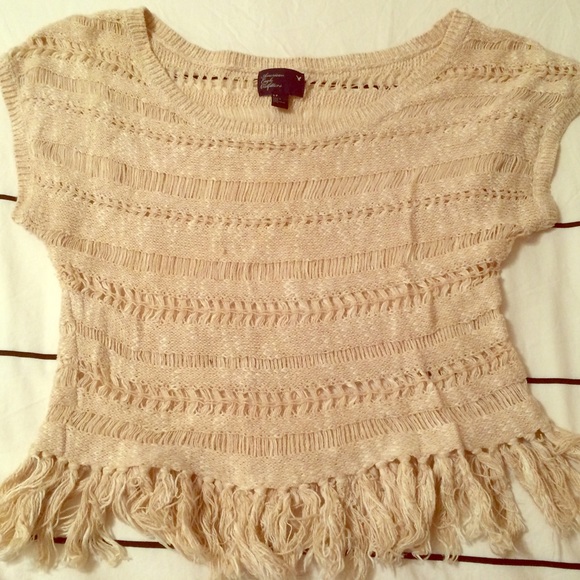 American Eagle Wide Neck Fringe Crop Top