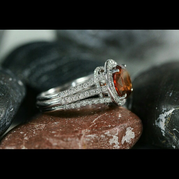 3-stone Garnet Engagement Ring and Wedding Band in 14k White  3.00 round spessartite garnet engagement ring