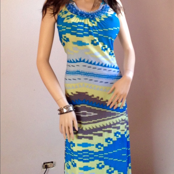 Blue, green, and brown Aztec print maxi dress
