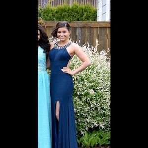 Navy blue open back beaded prom dress!!