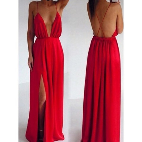 Red plunging neckline maxi dress