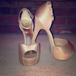 Nude Satin Peep Toes with rhinestone heel NWOB