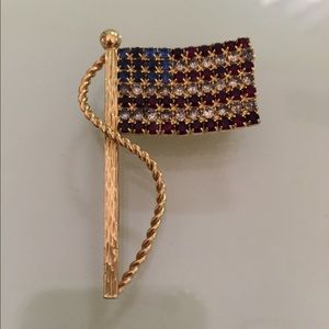 Gold Tone Rhinestone Flag Pin