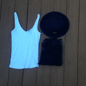 V Neck Ribbed White Tank