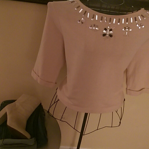 Cropped Sleeve Jeweled Top