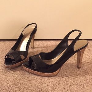 Black corked heels that are approx 3 inches tall