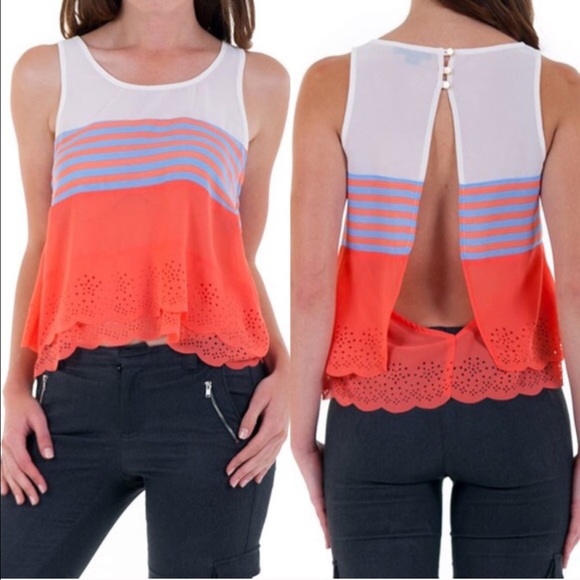 THE LAUREN scalloped open back top -CORAL/MINT - Picture 3 of 4