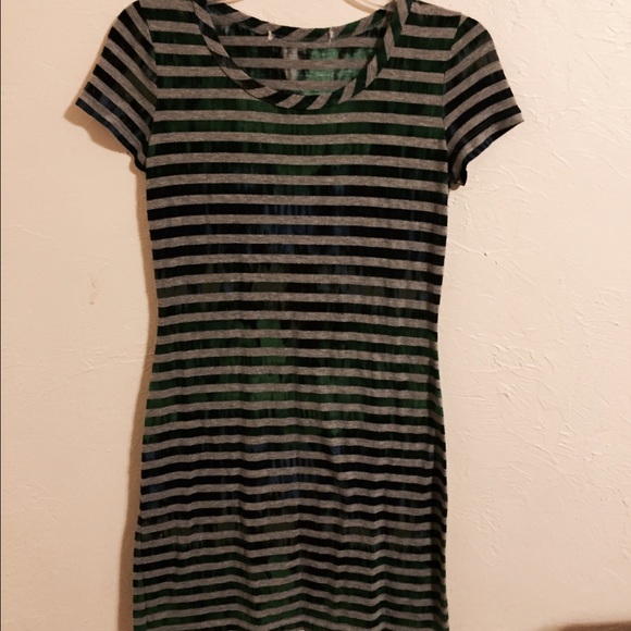 Green blue and gray stripped dress.