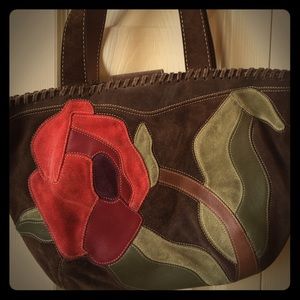 Suede Coach handbag. Brown maroon red green detail