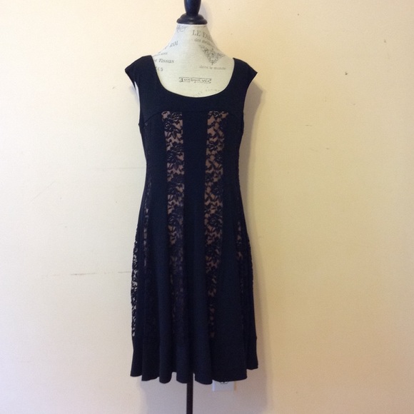 Cocktail Party Dress Black w\tan color Lace panels