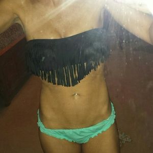 Black fringe strapless bikini top