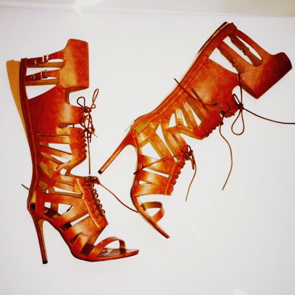 cognac gladiator heels