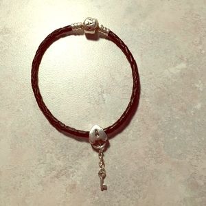 Black leather pandora bracelet with charm