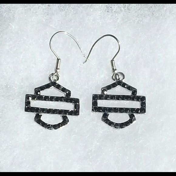 Harley Davidson Black Rhinestone Dangle Earrings.