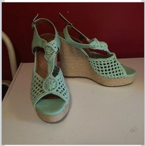 Lucky Brand crochet mint green wedges