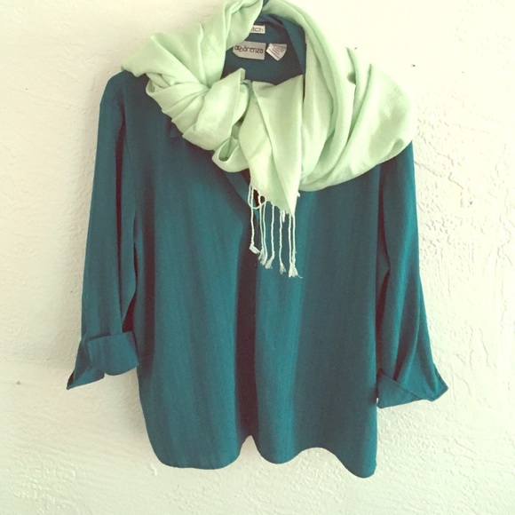 Deep teal button down quarter length sleeve.