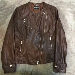 Chocolate brown faux leather jacket.