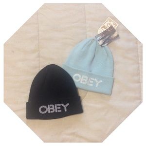 Black and Light Blue OBEY Beanies