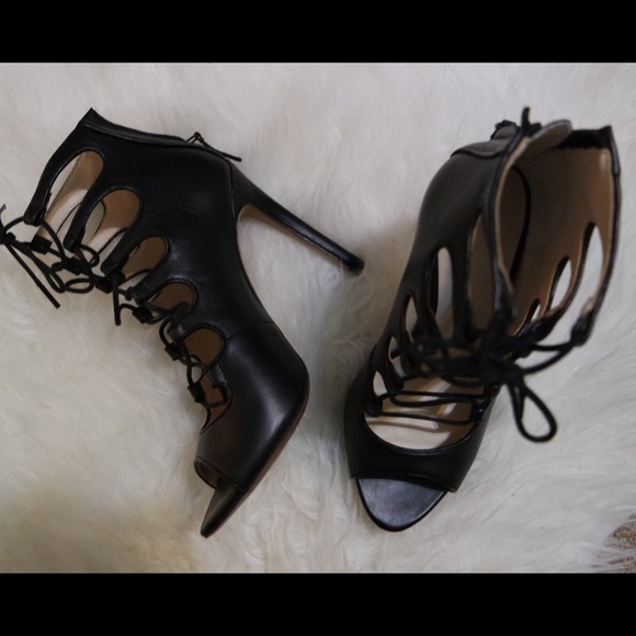 ZARA black leather lacey zip up heels