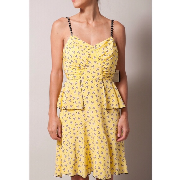 ANNA SUI yellow printed silk dress w beaded straps