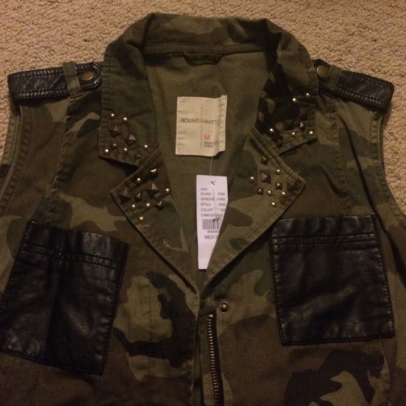 Sound & Matter camo leather accented studded vest