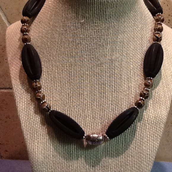 Black lava beads w/natural brown stone necklace